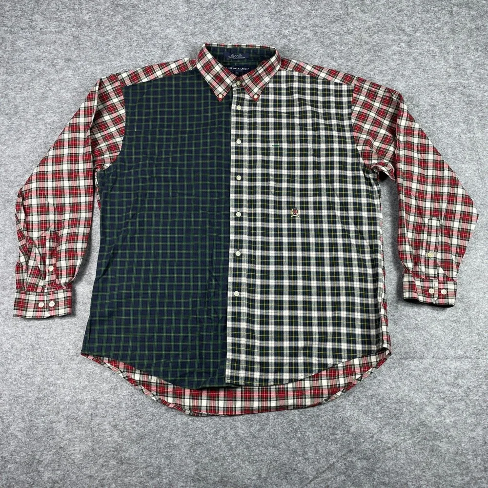Vintage Tommy Hilfiger Shirt Mens XL Multicolor Plaid Colorblock Patchwork 90s